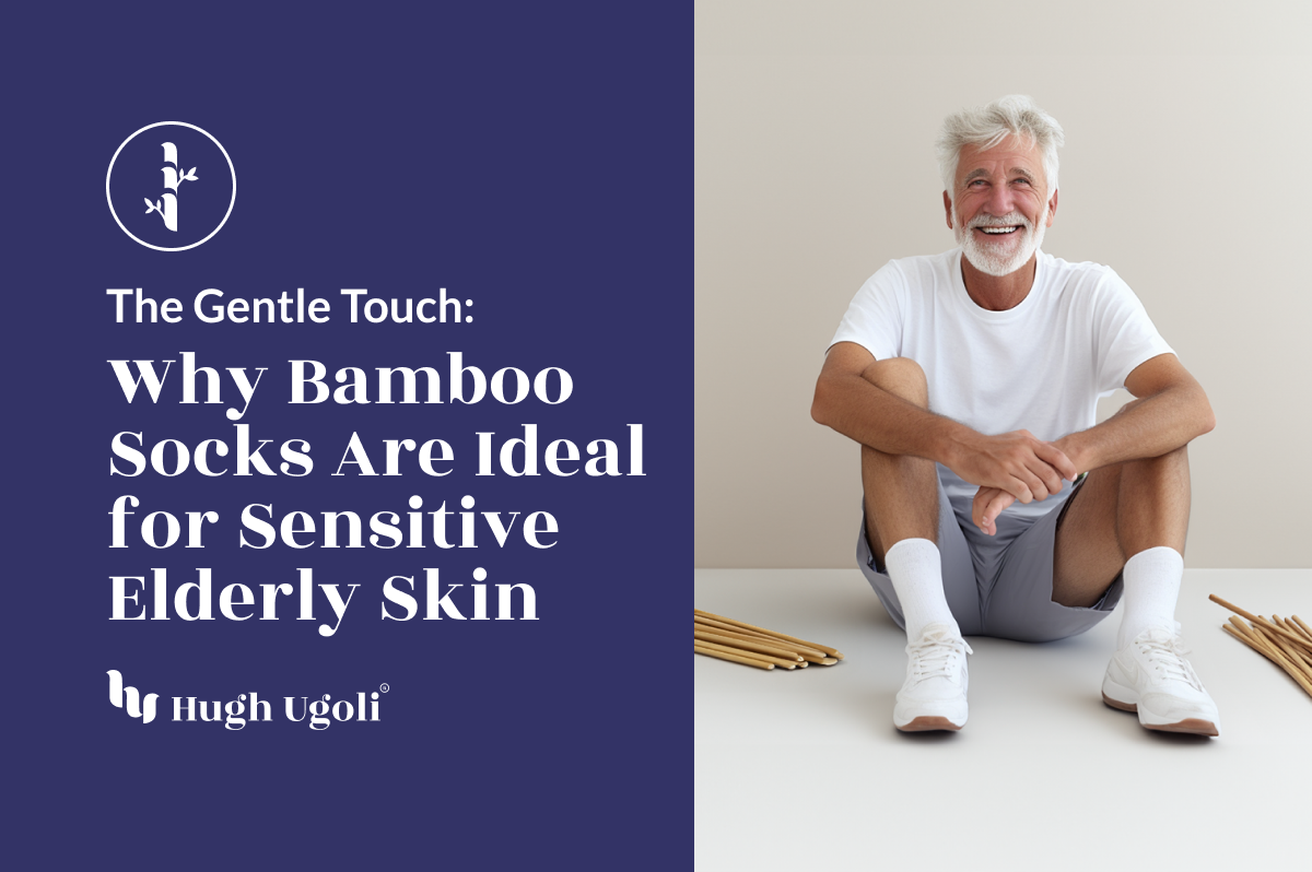 The image features a cheerful elderly man seated on the floor, wearing white bamboo socks, with text highlighting their suitability for sensitive skin.